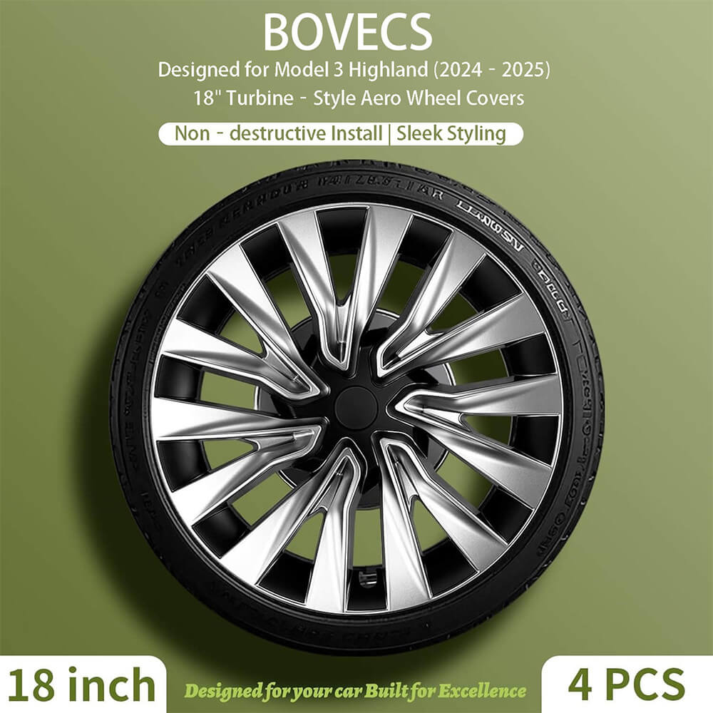 BOVECS 18" Turbine Aero Wheel Covers Compatible with Tesla Model 3 (2024–2025) – Full Coverage Hubcaps (Set of 4)