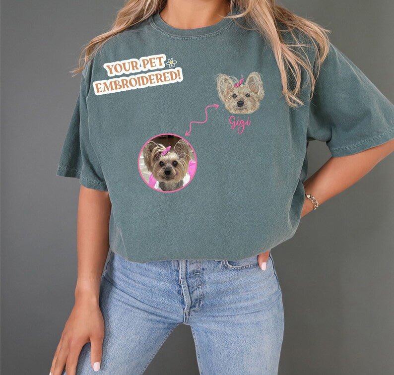 Custom Pet Portrait Embroidered SLEEVED T-Shirt
