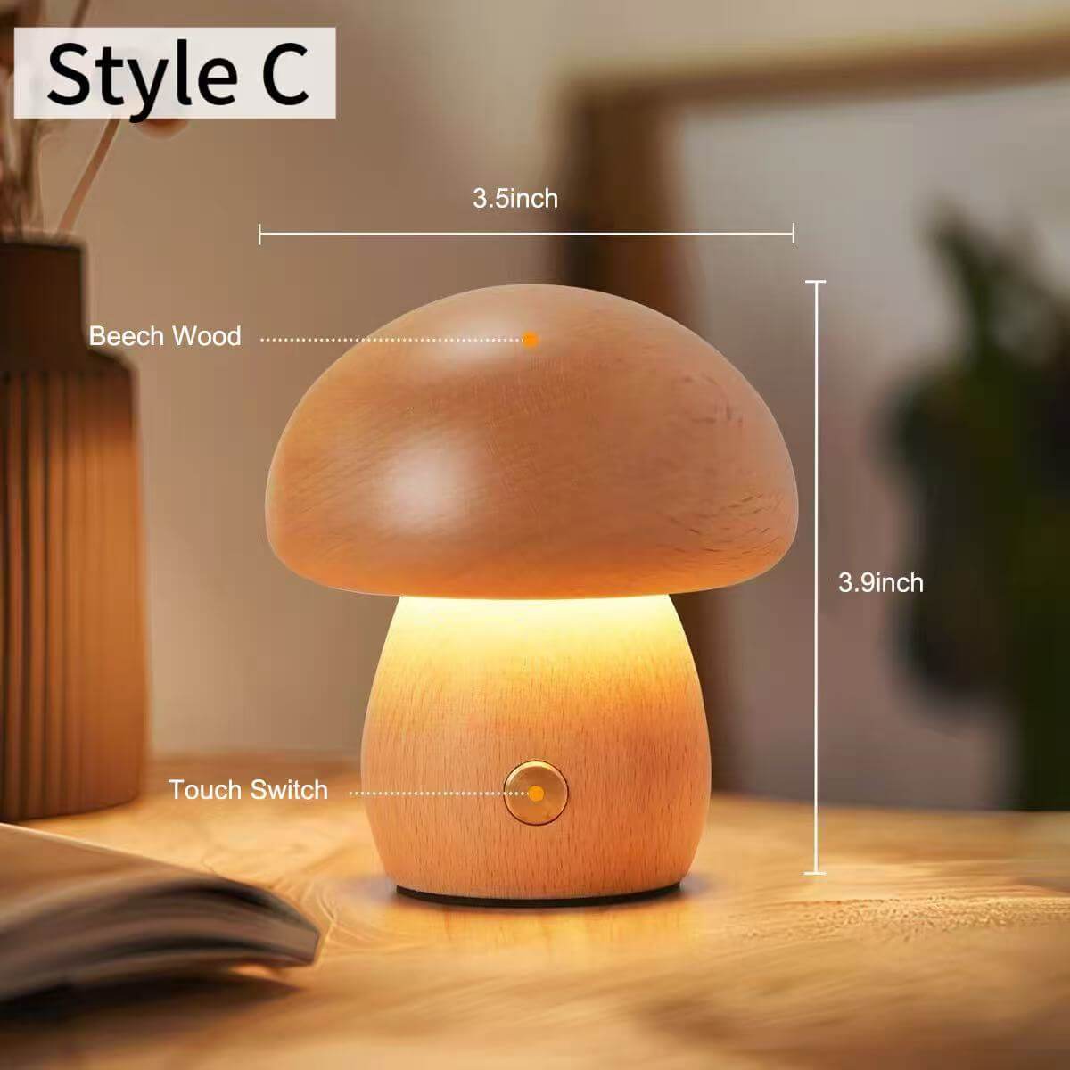 Solid Wood Mushroom Touch Lamp - Rechargeable Dimmable Warm Light Bedside Lamp for Bedroom Living Room