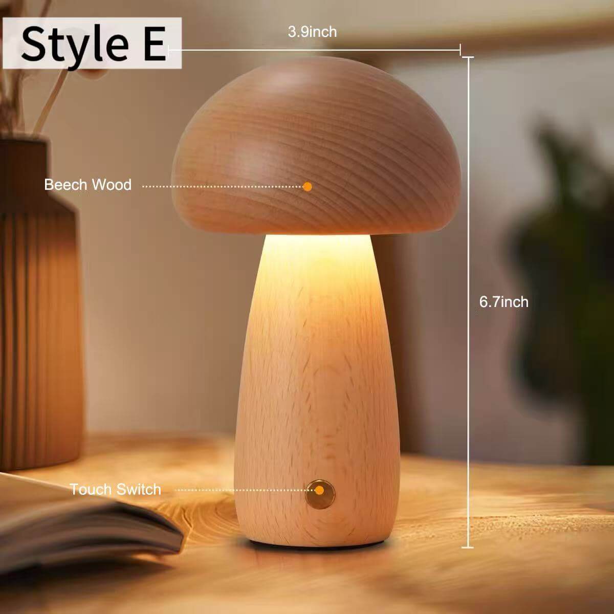 Solid Wood Mushroom Touch Lamp - Rechargeable Dimmable Warm Light Bedside Lamp for Bedroom Living Room