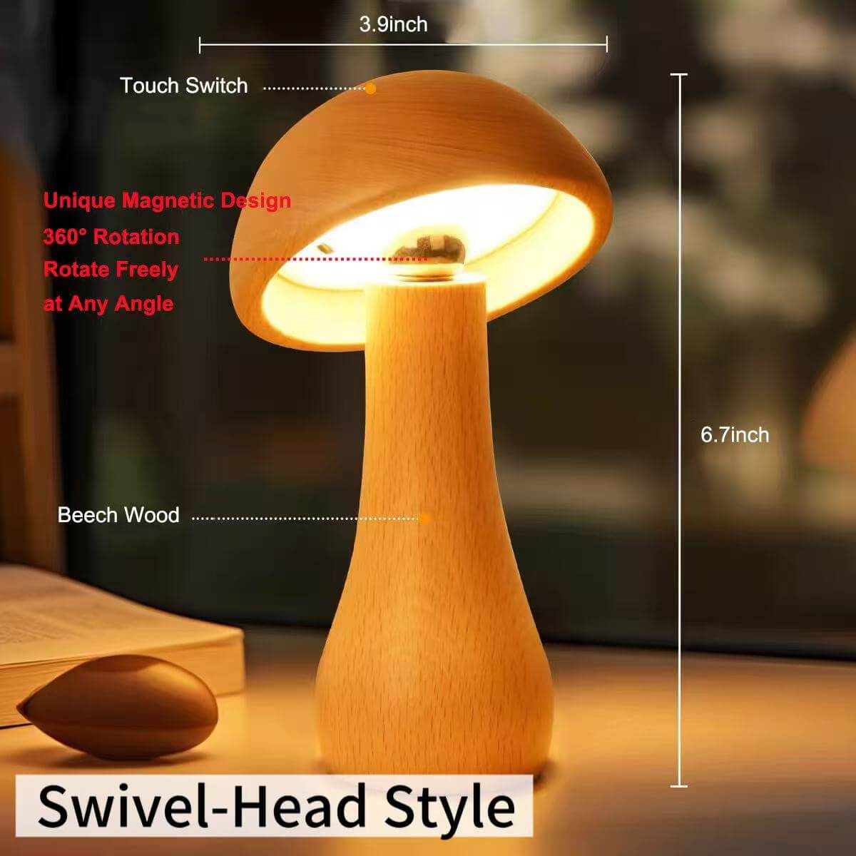 Solid Wood Mushroom Touch Lamp - Rechargeable Dimmable Warm Light Bedside Lamp for Bedroom Living Room
