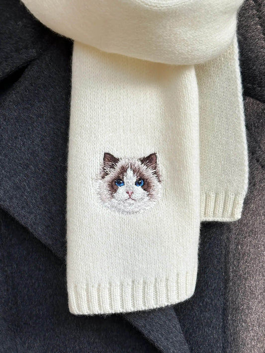 Cat pattern embroidered wool scarf