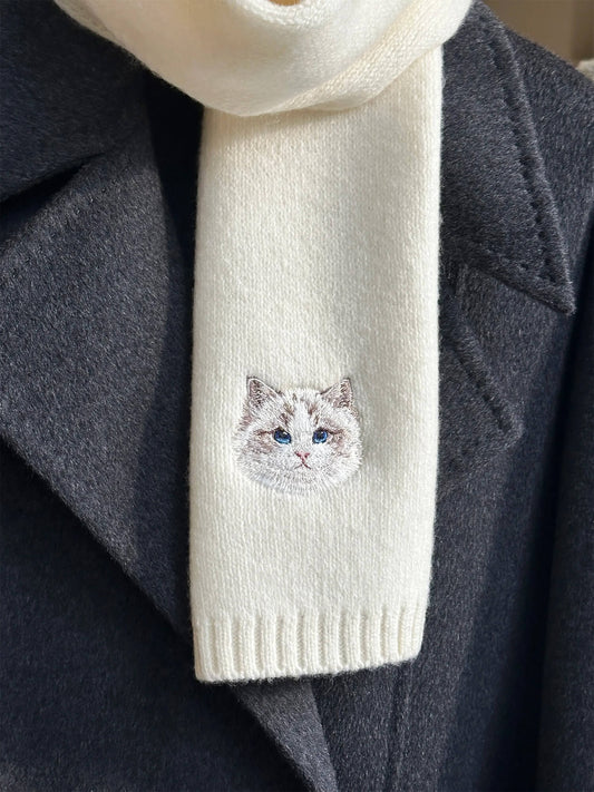 Cat pattern embroidered wool scarf